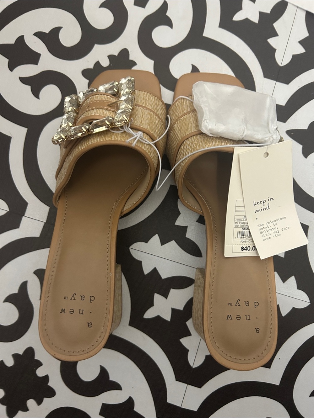 a new day Tan Rhinestone Buckle Raffia Slide Mules